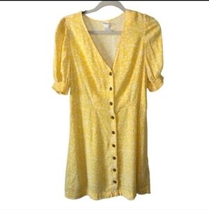 H&M Yellow White Floral Print Short Sleeve Dress Women's Large L Button Up EUV